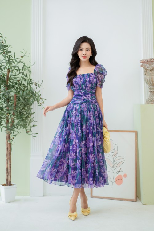 Sixdo Purple Wings Bush Midi Voile Dress